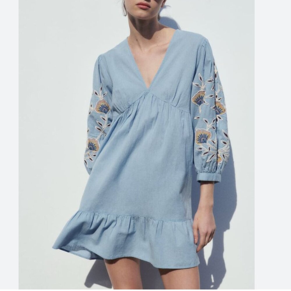 Zara Powder Blue Mini Dress with Embroidered Sleeves